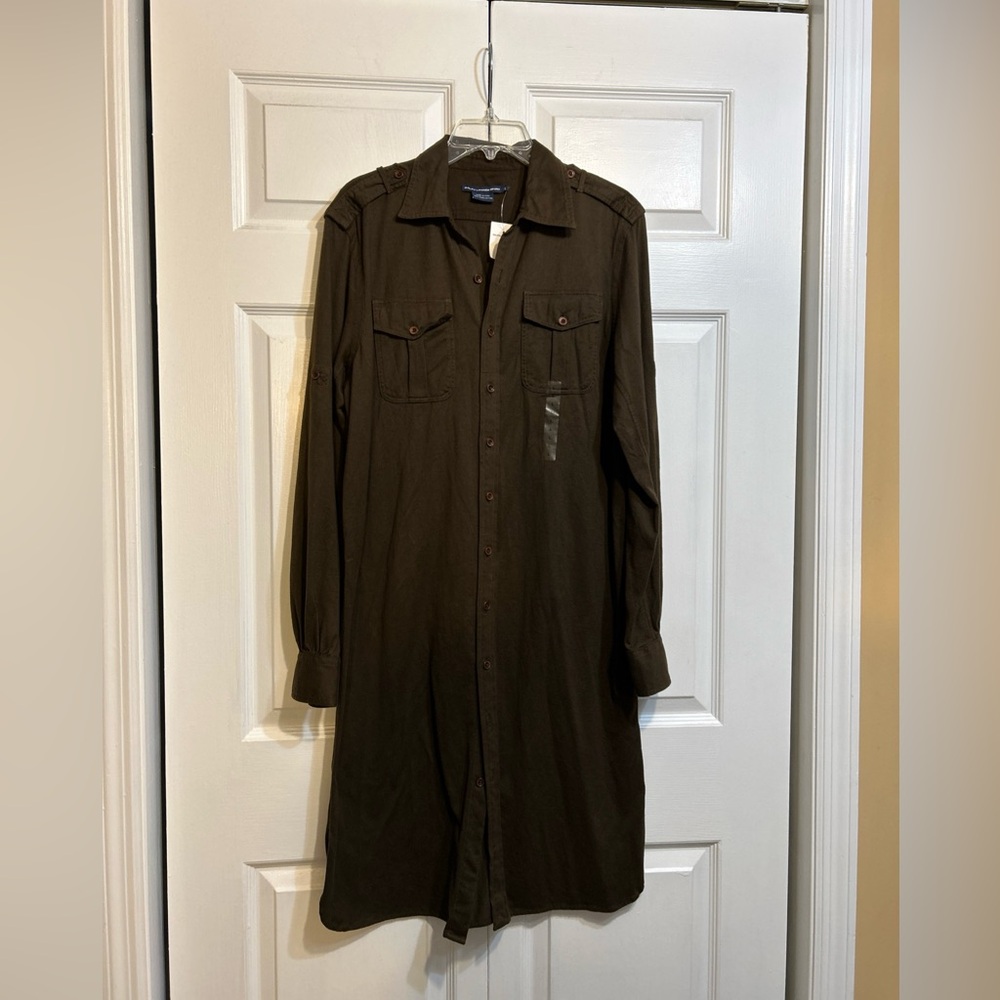 NWT Ralph Lauren Sport Shirt Dress Size L Large Brown Roll Tab Long Sleeve